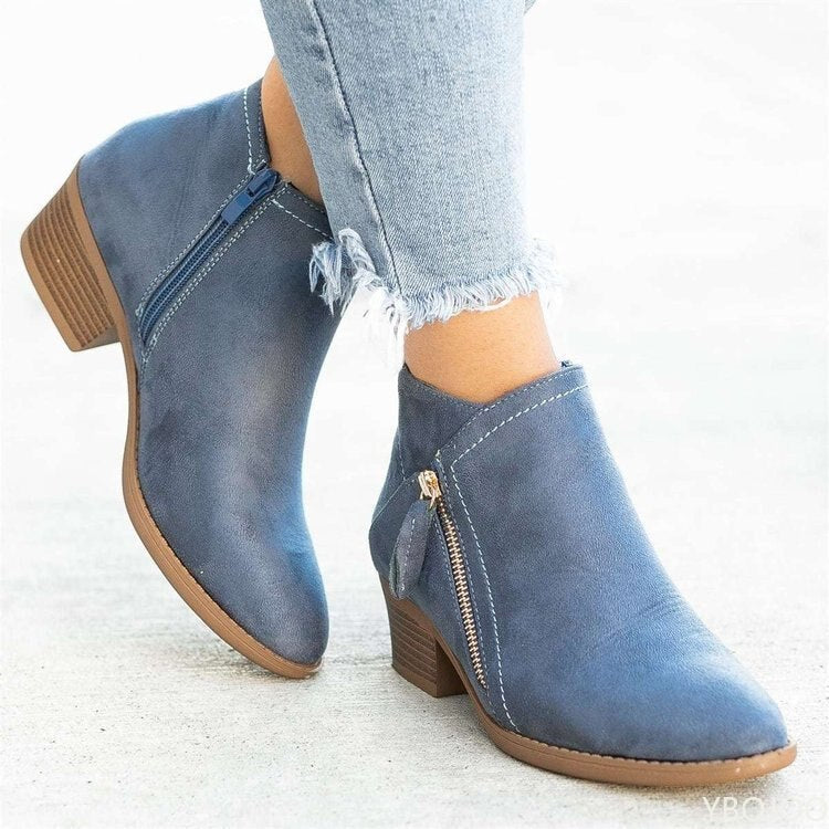 Women's Ankle Boots with Dual Zippers and a Trendy Chunky Low Heel