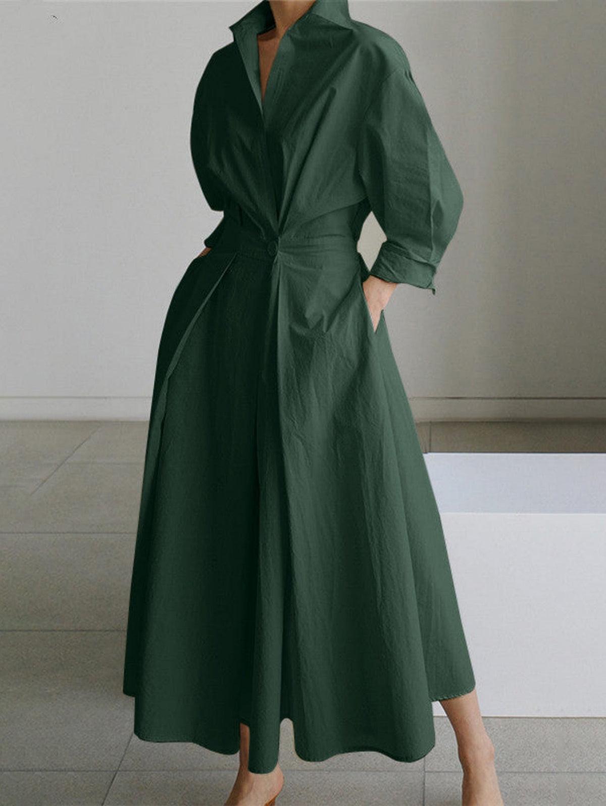 Elegant Solid Midi Dress with Notched Collar and Pockets Buttons