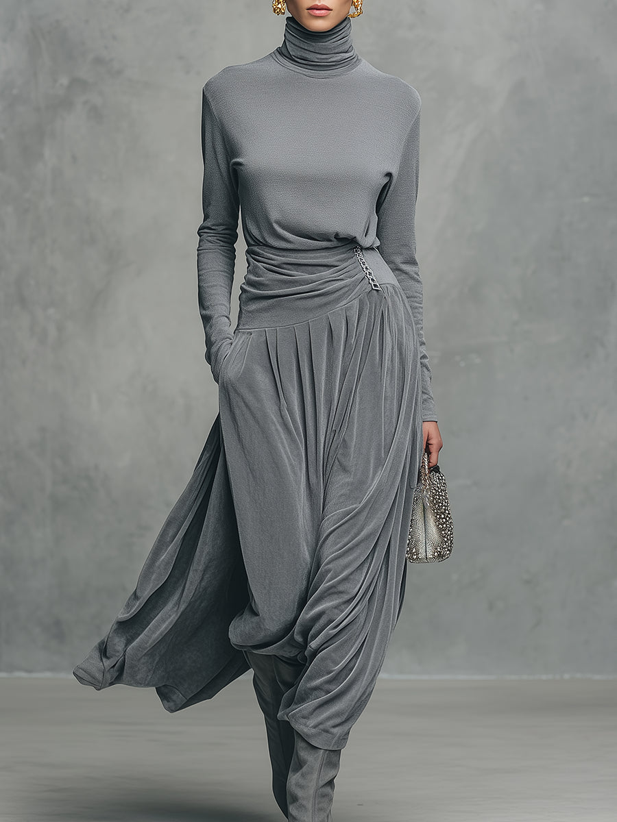 Chic Stand-Up Collar Long-Sleeve T-Shirt with Velvet Skirt Set