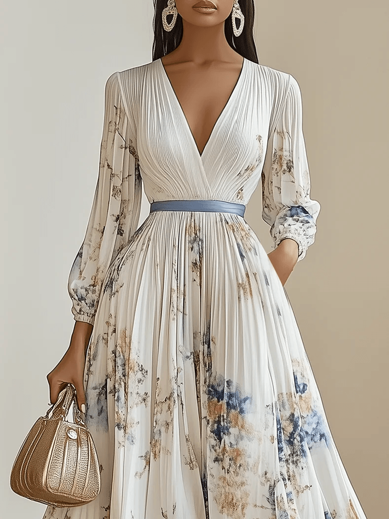 Pleated Silk Maxi Dress with V-Neck and Spring Floral Print, Long Balloon Sleeves, A-Line Style