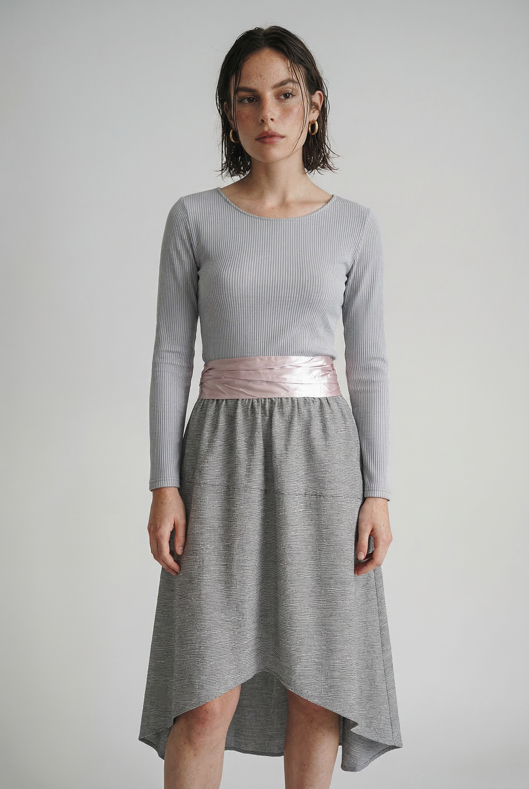 Gray striped retro and stretchy bodycon dress for an elegant silhouette