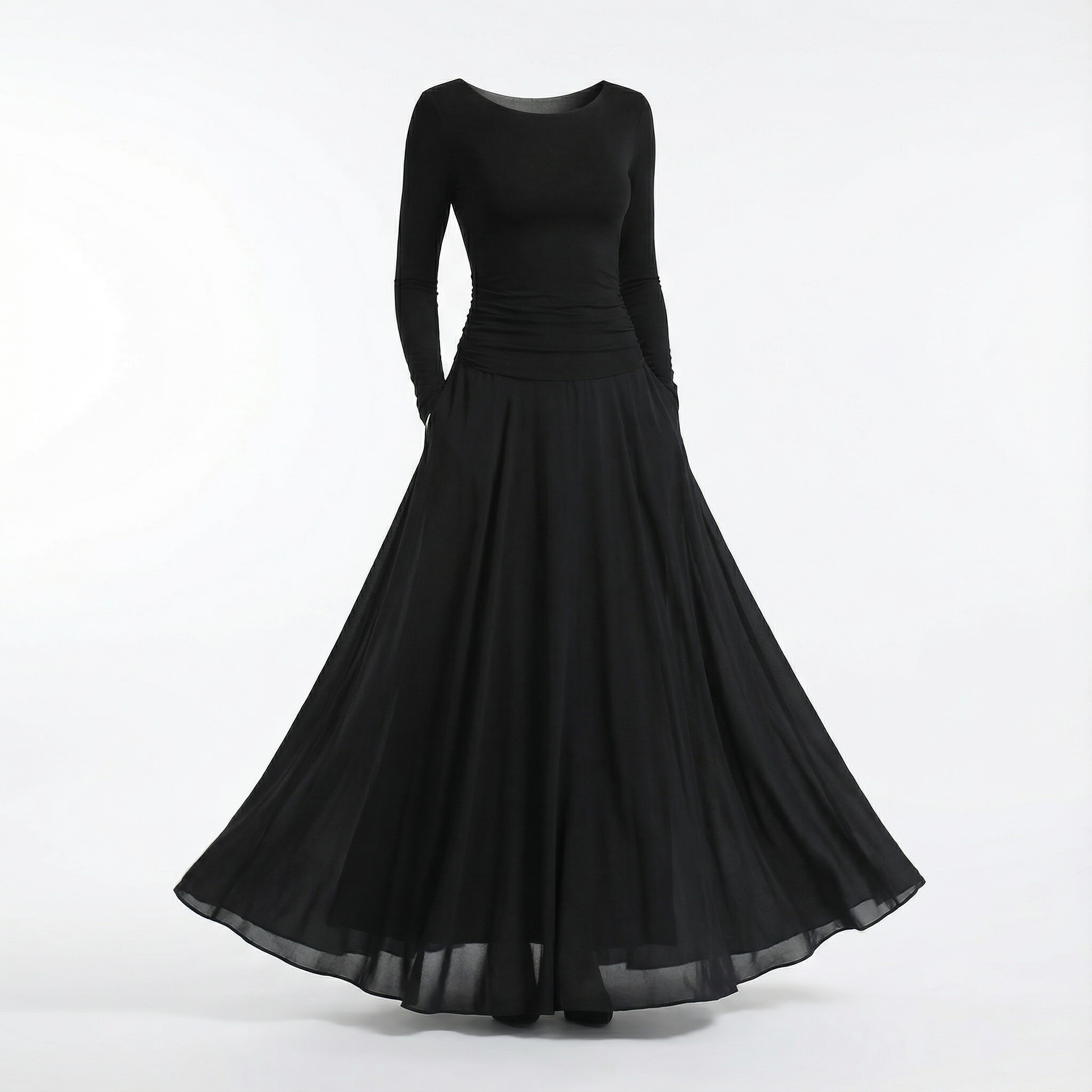 Elegant Black Crepe Pleated Boat Neck Maxi Dress for a Modern Look