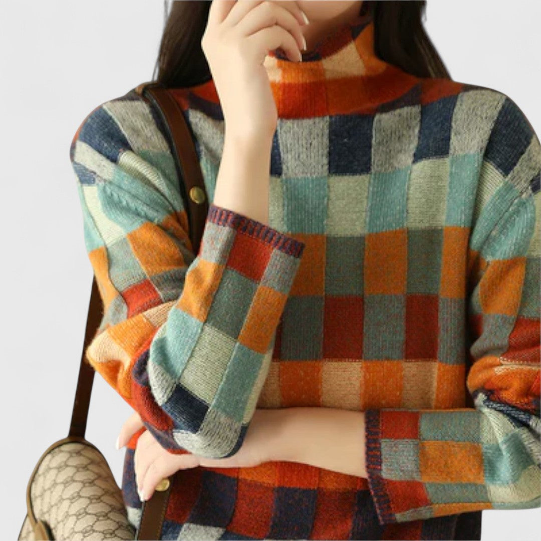 Erika - Patchwork Sweater with Turtleneck, Perfect for a Cozy and Charming Style
