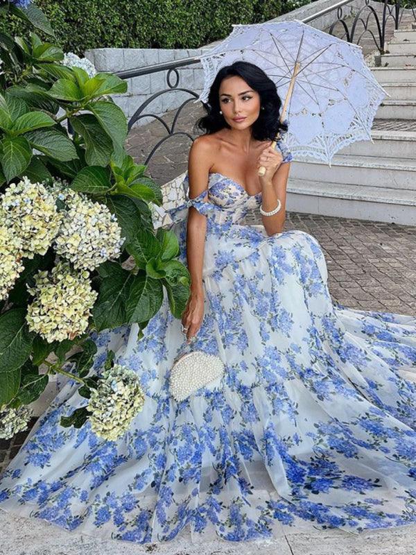 Maxi Organza Dress with Floral Print and Bow Straps