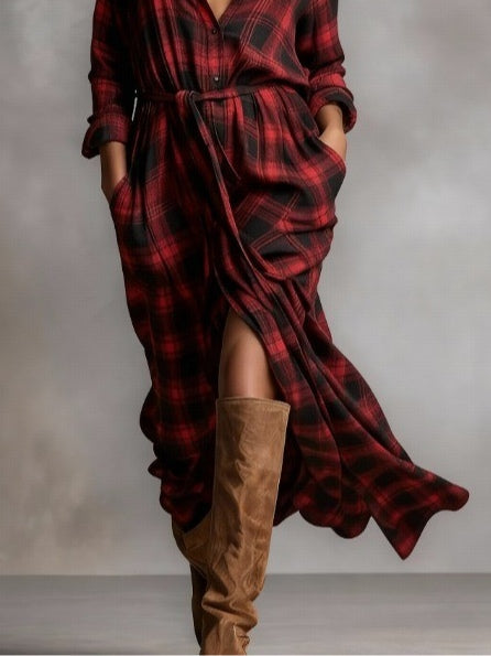 Red Vichy Checkered Maxi Shirt Dress with Ruffled Collar