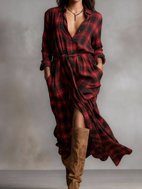 Red Vichy Checkered Maxi Shirt Dress with Ruffled Collar