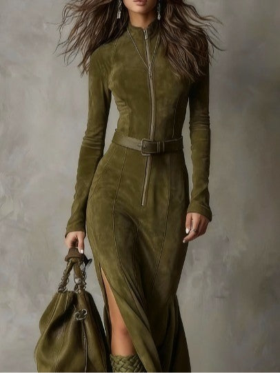 Long Vintage Green Dress with Zipper Belt—Timeless Elegance and Chic Style