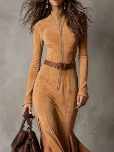 Vintage Camel Maxi Dress with Zipper Belt (Belt Included)