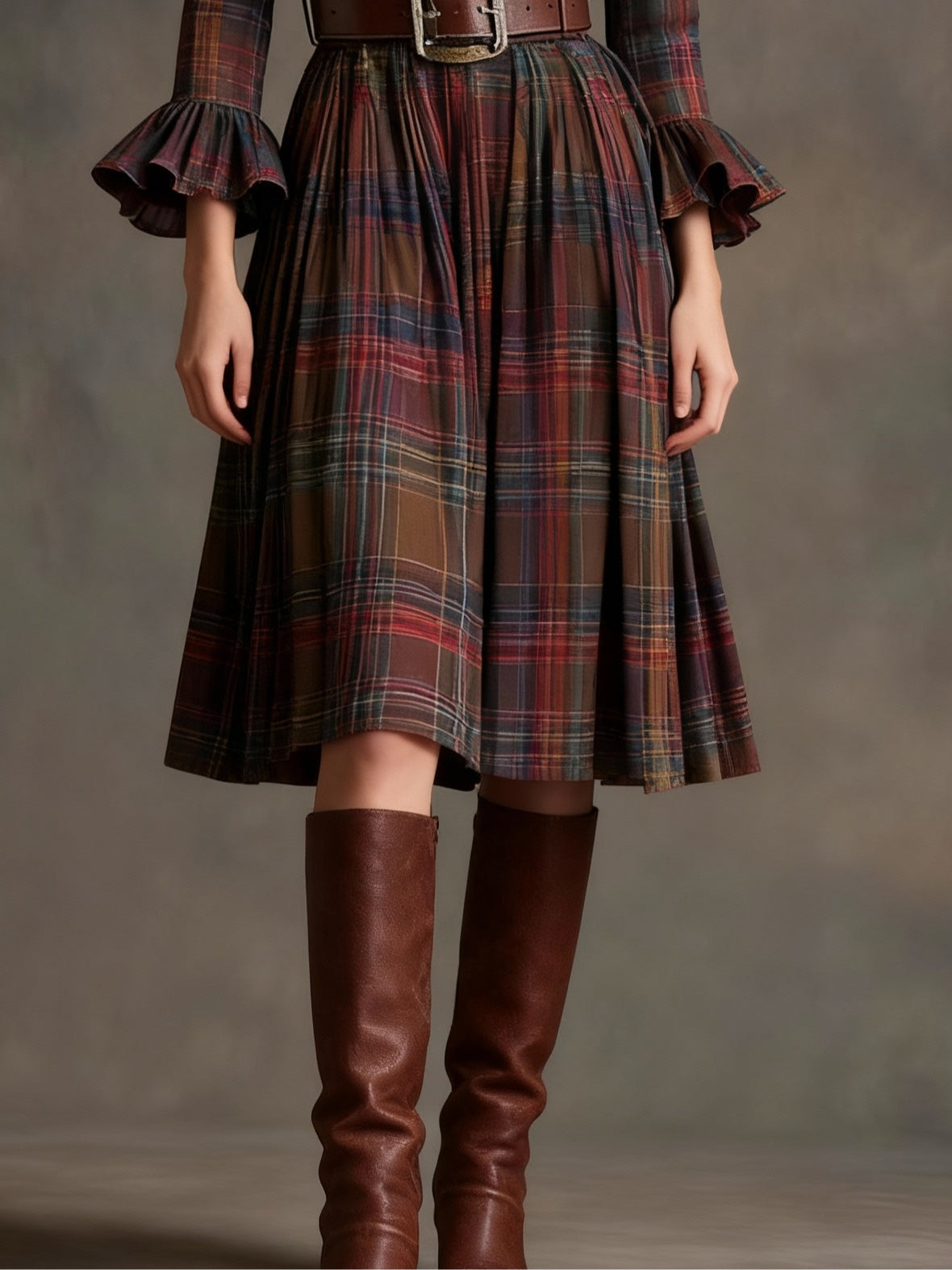 Midi round-neck dress draped with color blocks and plaid pattern (with belt)