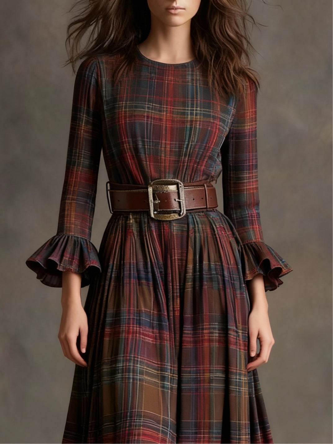 Midi round-neck dress draped with color blocks and plaid pattern (with belt)