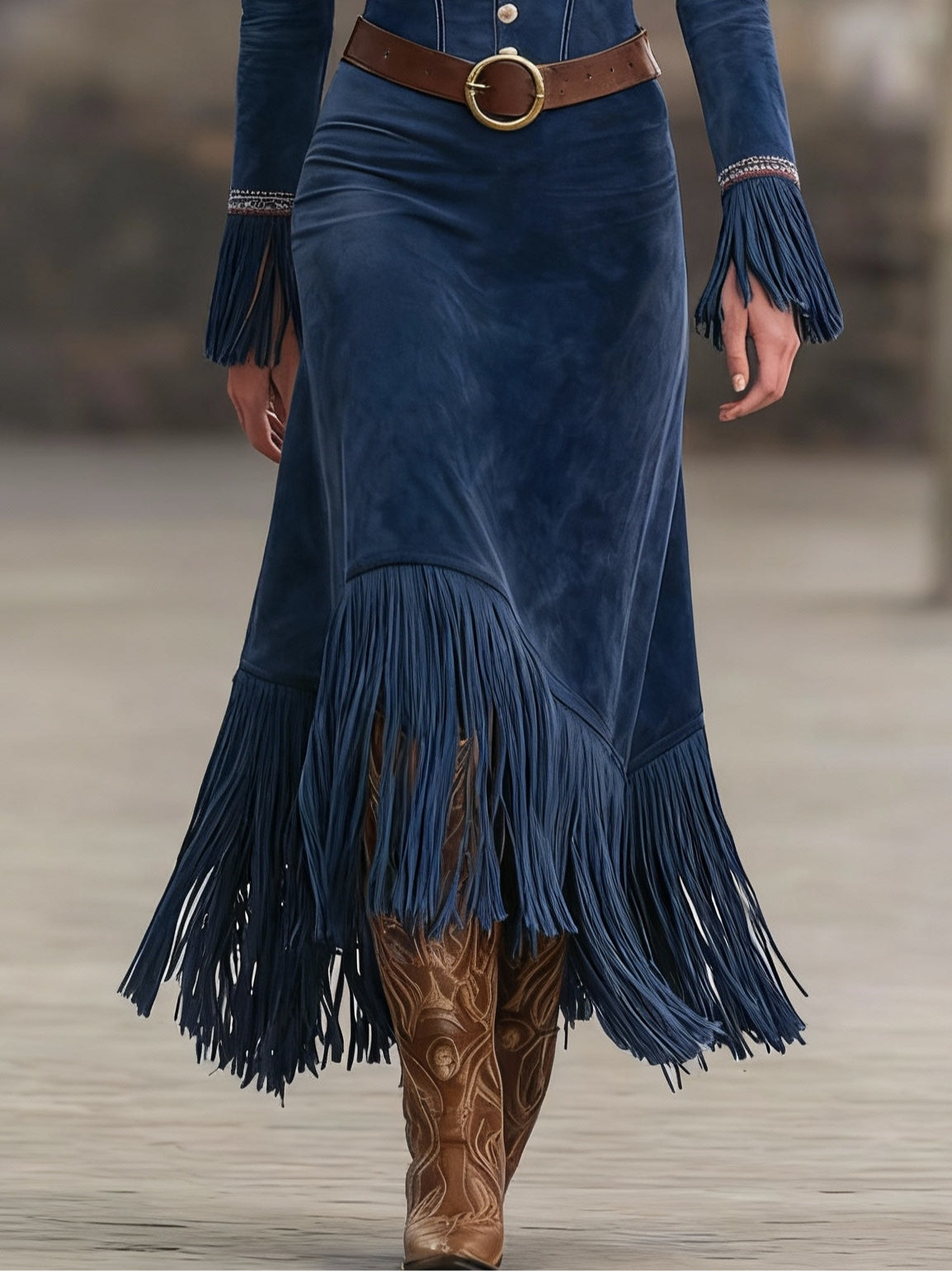 Elegant Retro Embroidered Dark Blue Faux Suede Maxi Dress with Tassels and Belt