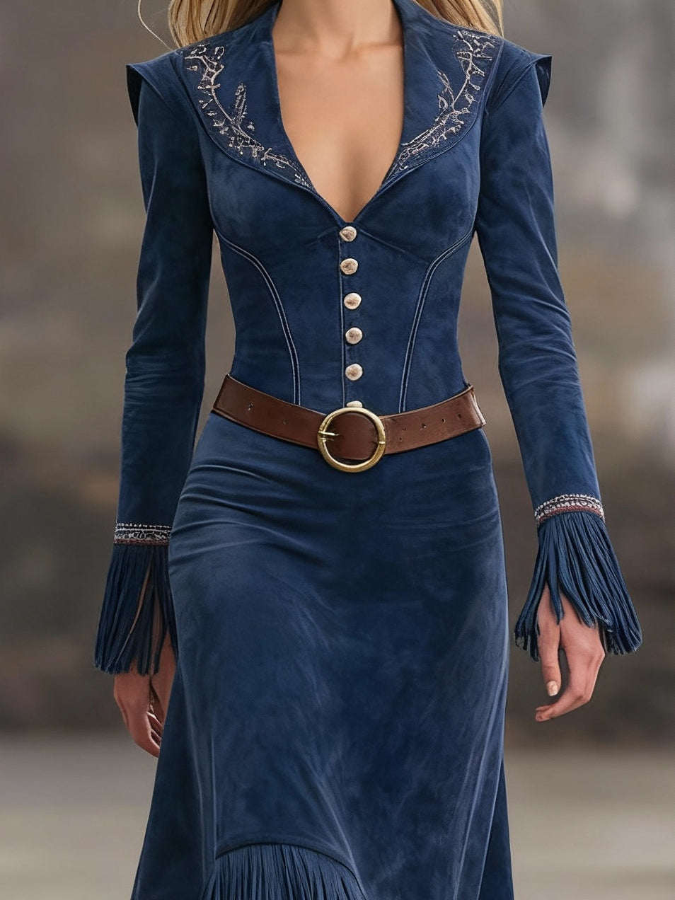 Elegant Retro Embroidered Dark Blue Faux Suede Maxi Dress with Tassels and Belt