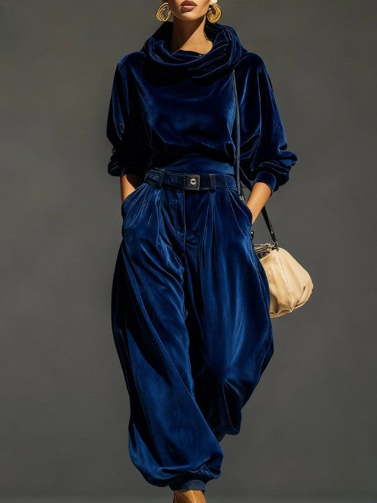 Vintage Brown Velvet Hoodie & Relaxed-Fit Trousers Set — Belt Included