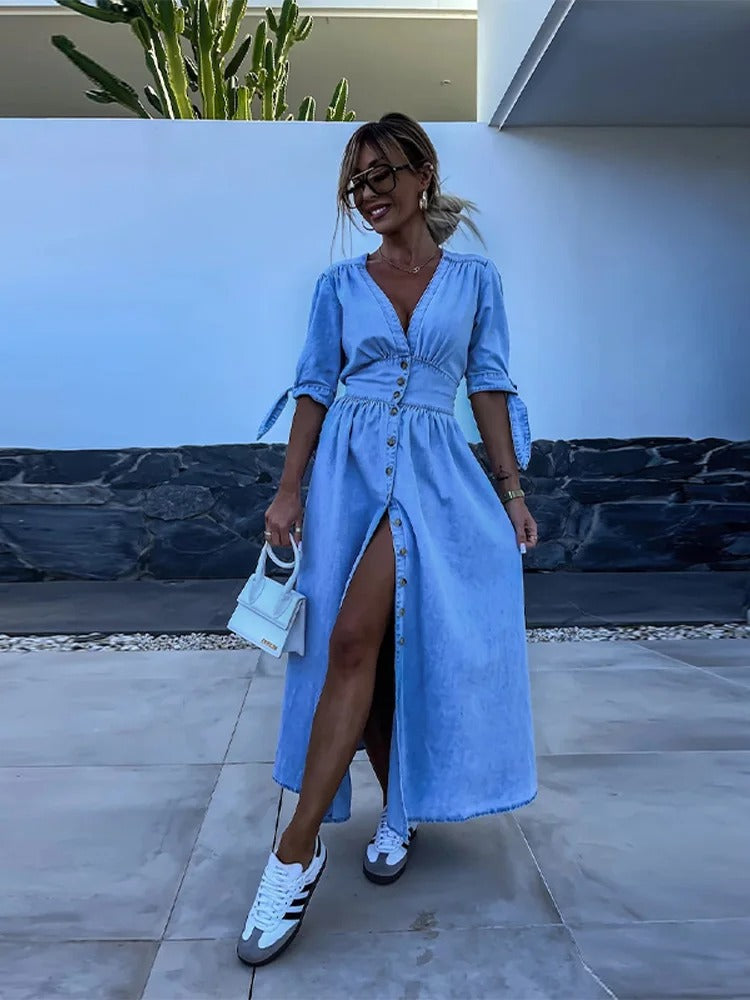 Elegant Deep-V-Neck Dress with Slit