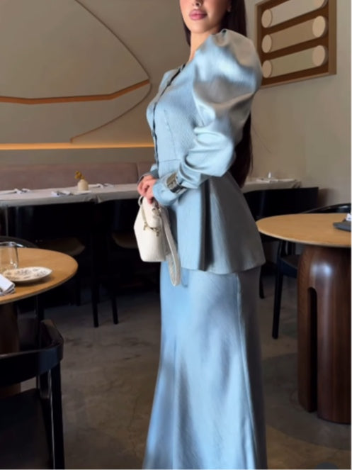 Round-Neck Buttoned Puff-Sleeve Skirt Suit